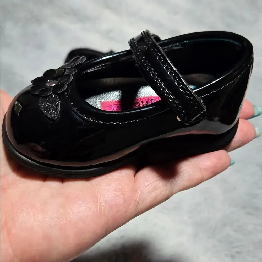 Rachel Shoes Baby Girl Black Patent Mary Jane Dress Shoes Glitter Flower Size 2
